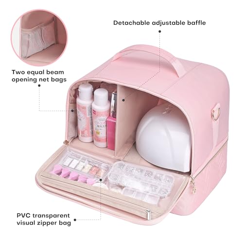 Pink Nail Polish Organizer Bag Holds 42 Bottles with Adjustable Compartments