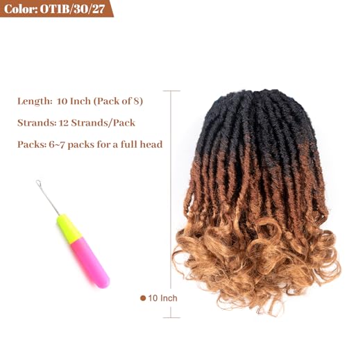 French Curl Crochet Locs Hair Extensions - 10 Inch Ombre Brown 3 Tones, 8 Packs, Pre-Looped Faux Locs with Curly Ends (Variation of OT30/27)