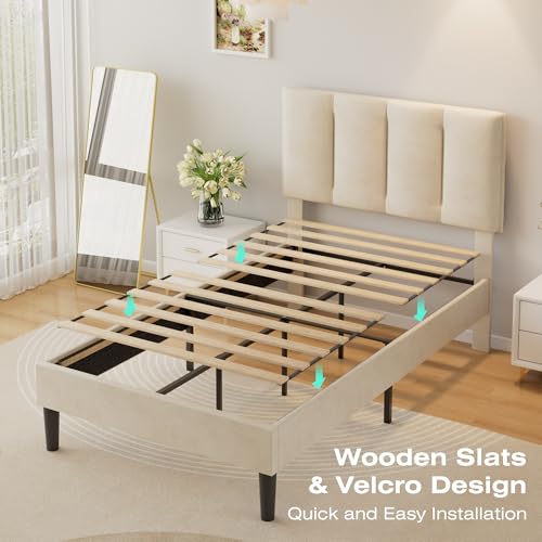 Twin Size Bed Frame with Upholstered Headboard - Pale Beige, Platform Design, Noise-Reducing, Easy Assembly