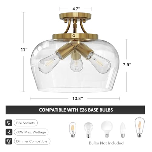 Gold Semi Flush Mount Ceiling Light with Clear Glass Shade - 13.8 Inch Modern Fixture