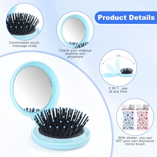6.5cm/2.56 Inch 20 Pcs Folding Mirror Hairbrush Set with DIY Stickers - Portable 2-in-1 Travel Makeup & Hair Comb for Women & Girls