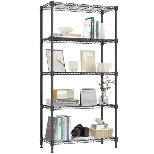 5-Tier Metal Storage Shelf Black - Heavy Duty Wire Rack Closet Organizer