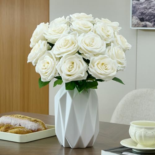 Ivory Artificial Rose Flowers Bulk Pack - Realistic Long Stem Fake Flowers for Wedding & Home Decor