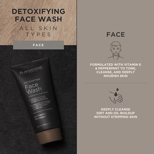 Blackstone Men's Grooming Detoxifying Face Wash with Vitamin E and Peppermint - Deep Cleansing & Exfoliating | Paraben & Cruelty Free | Made in USA - Activated Charcoal (6 Fl Oz)