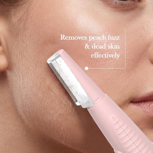 Dermaplane Razor for Women Face, Sonic Dermaplaning Tool for Peach Fuzz, Facial Exfoliation Removal & Eyebrow Trimmer, 12 Refill Coarse & Fine Blades, Rechargeable with LED Light, 3 Speeds, Pink