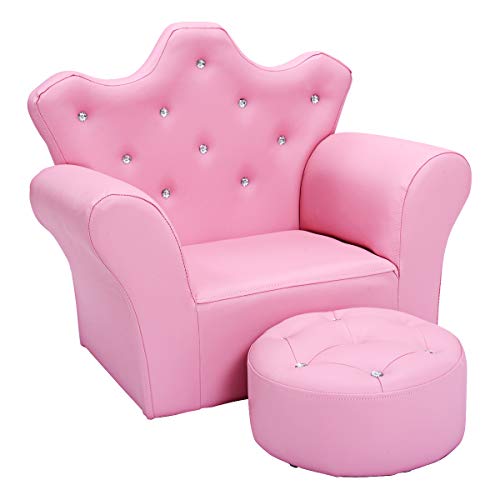 Kids Pink Princess Sofa Set with Ottoman - Toddler Upholstered Couch, Diamond Decor