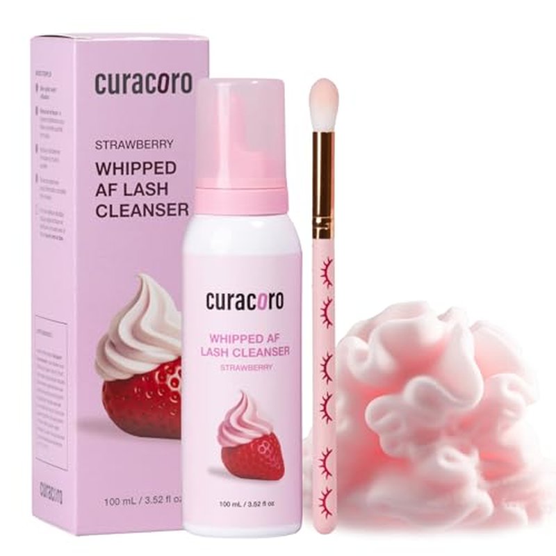 CURACORO 100ml Eyelash Extension Cleanser (Strawberry Scented) - 3X Concentrated Whipped Lash Shampoo, Deep Cleansing Lash Foam Cleanser for Sensitive Skin, Long-Lasting, Salon & Home Use
