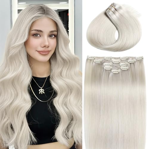 Clip in Hair Extensions 16 Inch Platinum Blonde Remy Human Hair - #60A