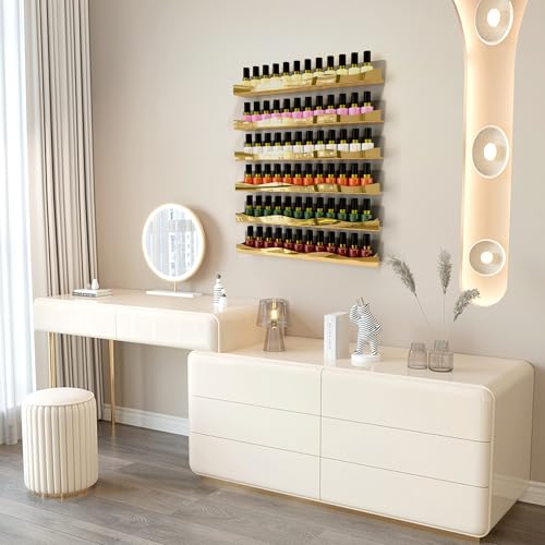 YMVV Wall-Mounted Nail Polish Shelves, 5-Inch Gold Mirror Finish Nail Polish Organizer Rack, Makeup Sunglasses Essential Oil Storage Display Rack 6 Pack