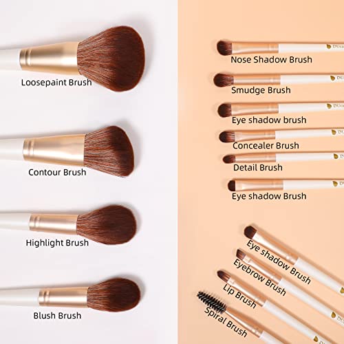 White Gold Makeup Brush Set 14Pcs with Travel Bag - Professional Synthetic Face & Eye Brushes