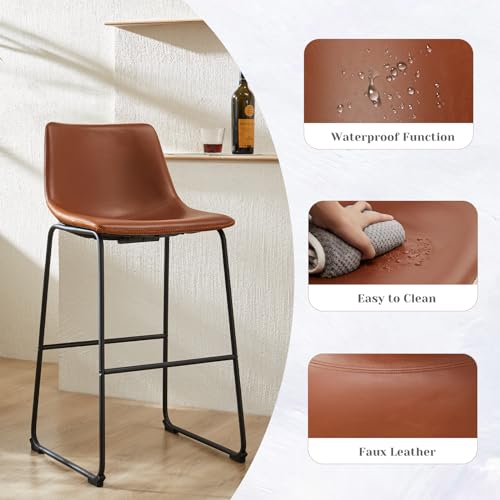 DUMOS Set of 2 Counter Height Bar Stools Brown Faux Leather Metal Legs