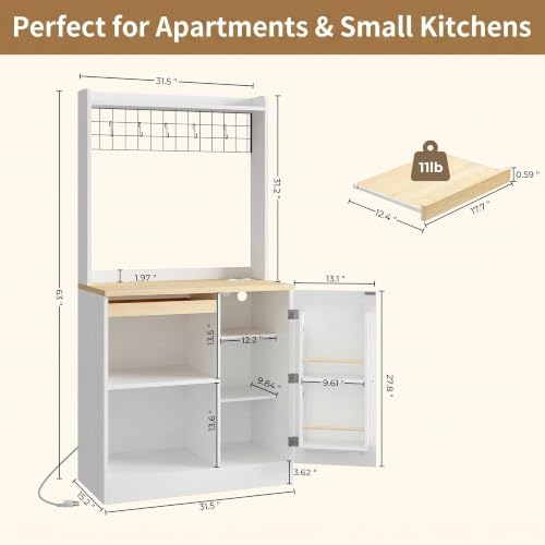 IRONCK White Bakers Rack with Pull-Out Shelf and Power Outlet - Kitchen Storage