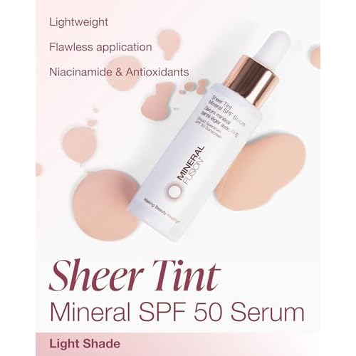 Mineral Fusion Sheer Tint SPF Face Serum (Light) - Tinted Broad Spectrum SPF 50 Mineral Zinc Oxide Sunscreen - Sheer Coverage Makeup, Lightweight & Dewy Finish - With Niacinamide, Aloe Vera - 1 Fl Oz