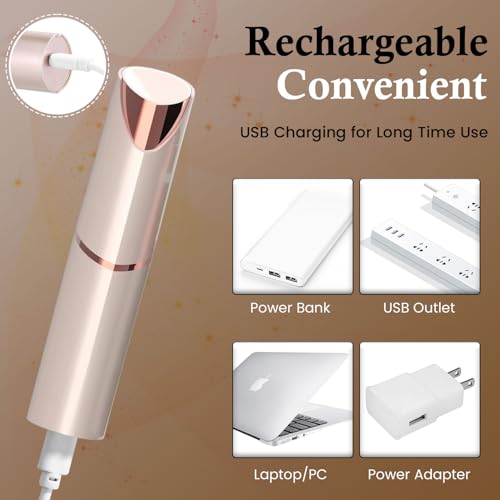 Eyebrow & Facial Trimmer: 2 in1 Rechargeable Facial Hair Removal & Eyebrow Shaver - Body Razor with Built-in LED Light (Rose Gold)
