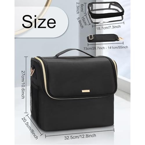 Large Makeup Carrying Train Case, Makeup Bag with 2 Small Bags, Professional Makeup Artist Bag Tattoo Case Travel Makeup Organizer Box with Adjustable Dividers and Shoulder Strap (Black)