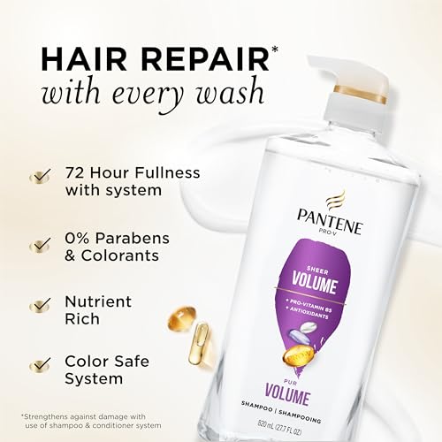 Pantene Volume & Body Shampoo 72+ Hour Fullness - Lightweight Nourishment for Fine, Color-Treated Hair, 55.4 Fl Oz, 1 Pack + Rescue Shot