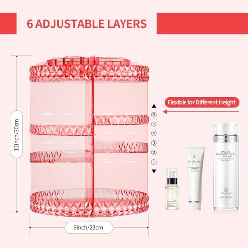 Pink 360° Rotating Makeup Organizer with Adjustable Compartments – Acrylic Cosmetic Caddy Shelf Storage for Lipsticks, Brushes & Accessories