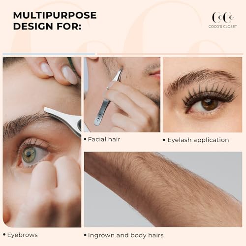 Cocos Precision Tweezers for Women Facial Hair - Stainless Steel Tweezers for Women and Men - Ideal for Eyebrow Shaping and Ingrown Hair Removal - Slanted Tips, Durable and Ergonomic Grip Design