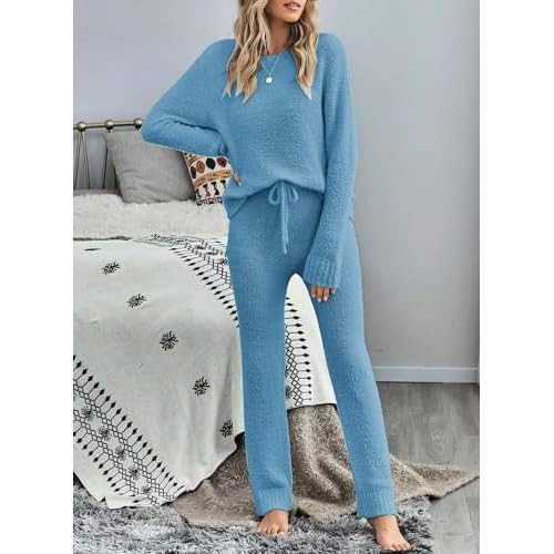 luvamia Women's Casual Pajama Set Fuzzy Fleece Knitted Long Sleeve Pj Loungewear