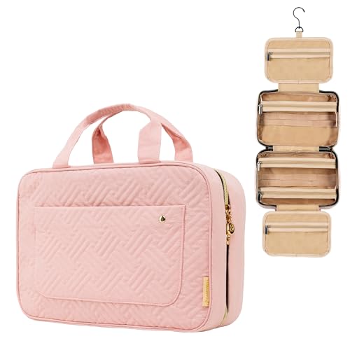 Carrywell (Not Made In China) Toiletry Bag Travel Bag with Hanging Hook, Makeup Organizer Case, Water-Resistant Cosmetic Bag For Full-size Containers, Toiletries, Pink Large+
