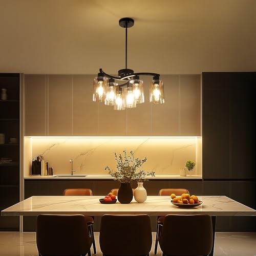 Sigaitwei 21.7in 6-Light Modern Black Pendant Chandelier for Dining & Kitchen Island