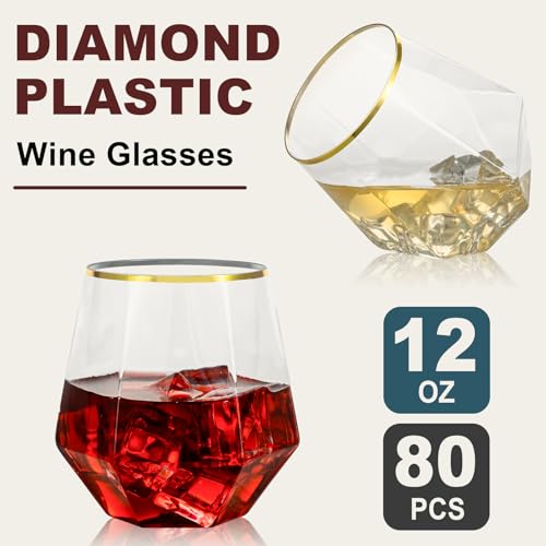 Clear and Gold 80PCS Diamond Stemless Plastic Wine & Whiskey Glasses - Gold Rim