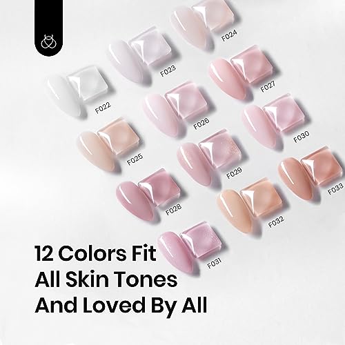 Beetles 12 Color Rubber Base Gel Polish, Nude Gel Nail Polish 5 in 1 Nude Porcelain Doll Pink Strengthener Soak Off U V Nail Art Design DIY at Home Gifts for Women