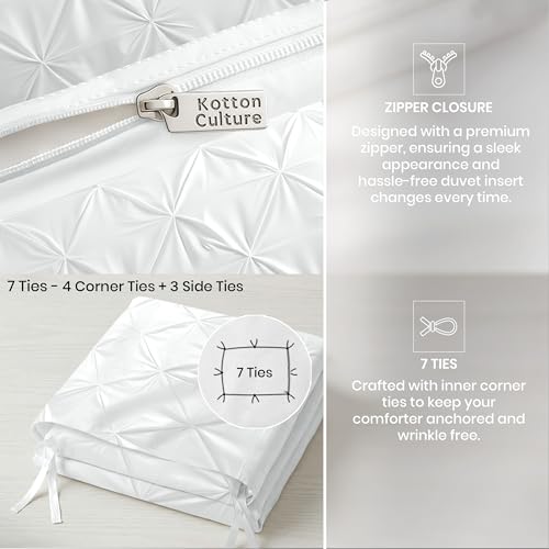 King Size Pink Pinch Pleated Duvet Cover Set - 100% Egyptian Cotton 600 Thread Count - No Comforter - White - Variation 01