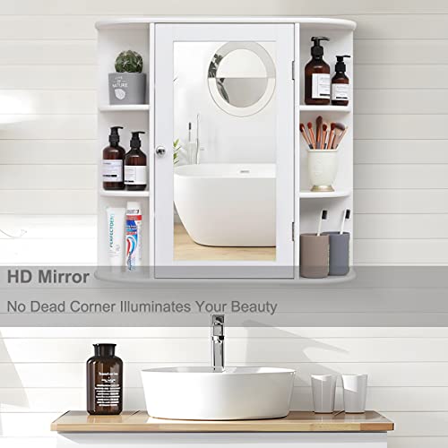 Bathroom Medicine Cabinet with Mirror, Wall Mount Storage - White, 26L x 6.3W x 25.2H - Includes 2 Adjustable Shelves & 6 Open Shelves