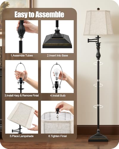 Black 62-Inch Adjustable Floor Lamp with Swing Arm and Linen Shade