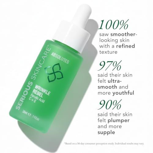 Serious Skincare Vitamin C Face Serum with Ferulic Acid, Bakuchiol, Vitamin E, B5, Absolutes Wrinkle Rebel Anti-Aging Face Serum for Fine Lines, Wrinkles and Dark Spots, 1 oz.