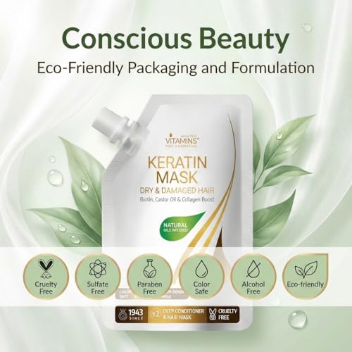 Keratin Hair Mask with Biotin & Collagen - Deep Conditioner for Damaged, Frizzy & Curly Hair - 3.4 Fl Oz