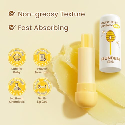 RUNBEN 3 Pack Kids Lip Balm Set - Safe, Non-Toxic Baby Lip Care, Moisturizing & Gentle