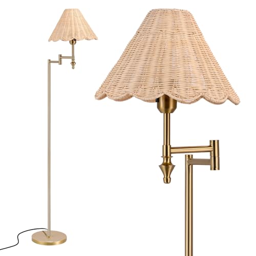 Boho Rattan Floor Lamp with Swing Arm, Adjustable 310° Natural Standing Reading Light