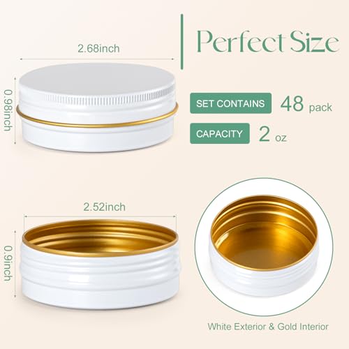 48 Pack Aluminum 2oz Tin Containers with Lids - White & Gold, Recyclable and Durable