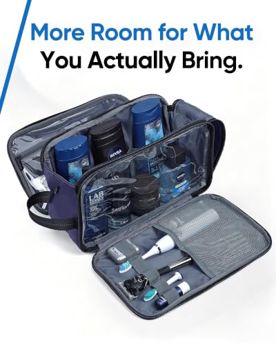 Large Blue Travel Toiletry Bag for Men - Full Open Dopp Kit with Dual Compartments