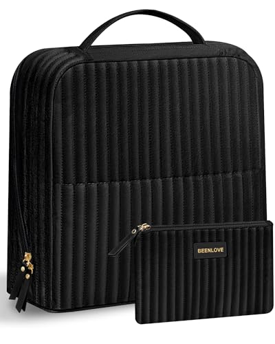 Black Standing Makeup Bag with Fold-Down Design - Velvet Cosmetic Organizer for Travel & Beauty