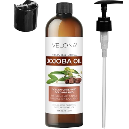 Velona Jojoba Oil 32 Fl Oz - Cold Pressed Unrefined Body & Hair Oil with Pump - Pack of 1