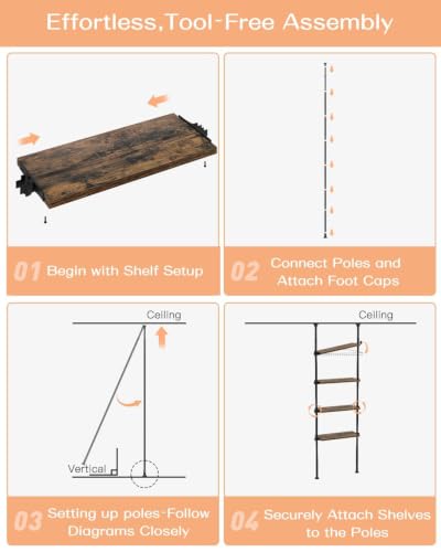 Tall Narrow Tension Mount Bookshelf - Rustic Brown 4-Tier for Small Spaces