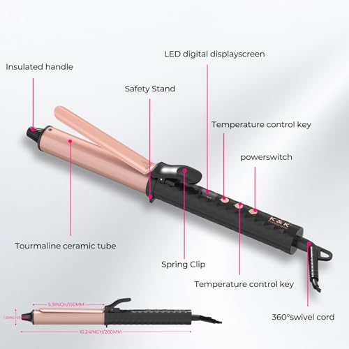 25 Inch Ceramic Curling Iron with 6.2-Inch Barrel, Adjustable Temp, LED Display, Dual Voltage