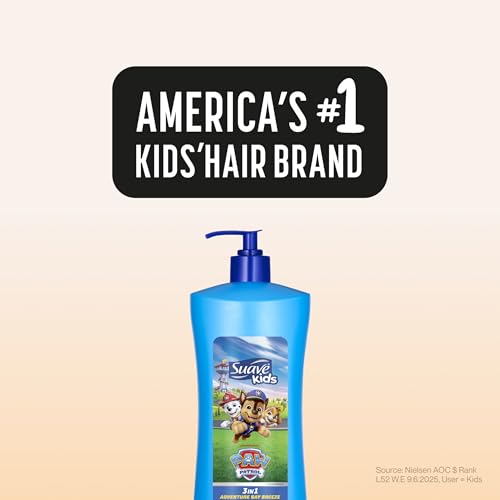 Suave Kids Paw Patrol 3 in 1 Shampoo, Conditioner, Body Wash, Adventure Bay Breeze, Tear-Free & Gentle Dermatologist Tested, 4 Count, 28 FL OZ Pump