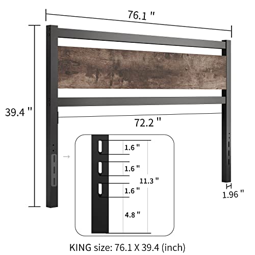 King Wooden Headboard with Metal Slats - Rustic Industrial Style, Easy Assembly