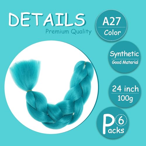 Pre Stretched Synthetic Braiding Hair Extensions 24 Inch Teal 6 Packs - Jumbo Festival Colorful Braid