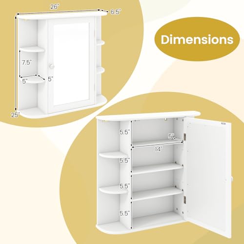 White Bathroom Medicine Cabinet with Mirror, Wall Mounted Storage Organizer, 4 Shelves & 6 Side Shelves