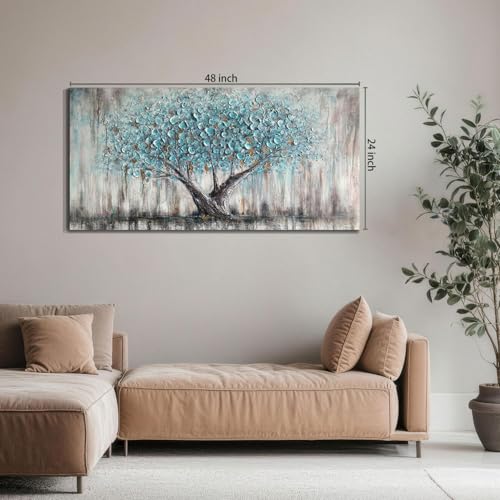 Blue Tree Wall Art Canvas - 48x24-Inch Tree of Life Nature Painting, Textured Modern Artwork - Bedroom & Living Room Decor Variation of THIS listing