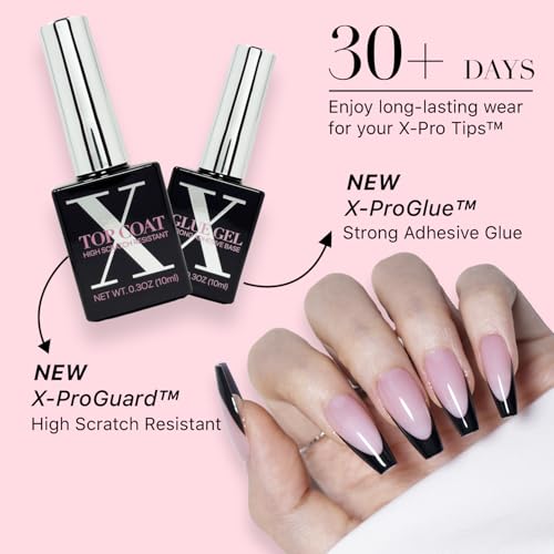 SXC Cosmetics French Tip Press On Nails ? Black Series, Medium Coffin, X-Pro Tips Starter Kit | 150PCS, 15 Sizes, 5 Styles, Beginner-Friendly