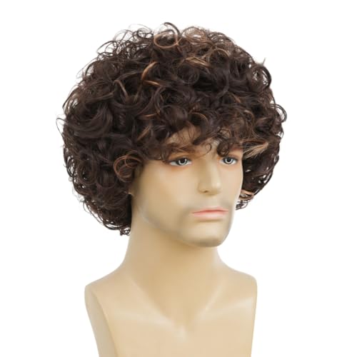 Dark Brown Curly Afro Wig Short Fluffy Men’s Cosplay Wigs - Brown Mixed Blonde Variation