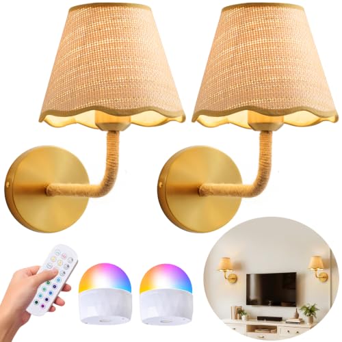 2 Pack Battery Operated Rattan Wall Sconces for Bedroom Living Room – Handcrafted Boho Wall Lights with Remote Control