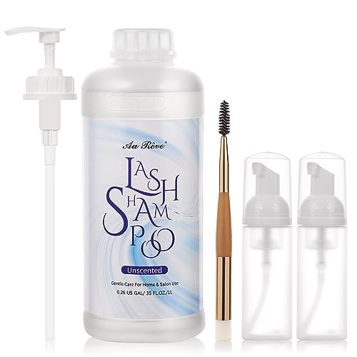Lash Shampoo for Lash Extensions 1L/35fl.oz Eyelash Extension Cleanser Lash Cleaning Kit, Gentle Foaming Eyelash Shampoo with Brush and Wash Bottle for Salon Home Care Unscented