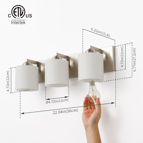 mirrea 3-Light Brushed Nickel Bathroom Vanity Light with White Glass Shades - Modern & Elegant 22-inch Fixture